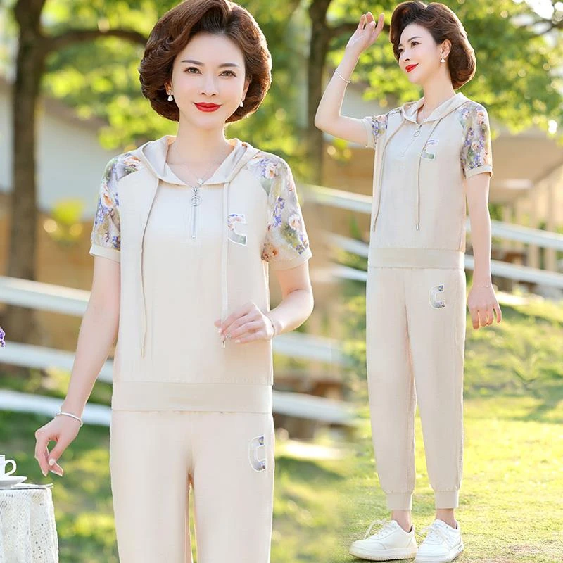 彩羊中年妈妈夏装短袖t恤休闲两件套2025新款中老年女