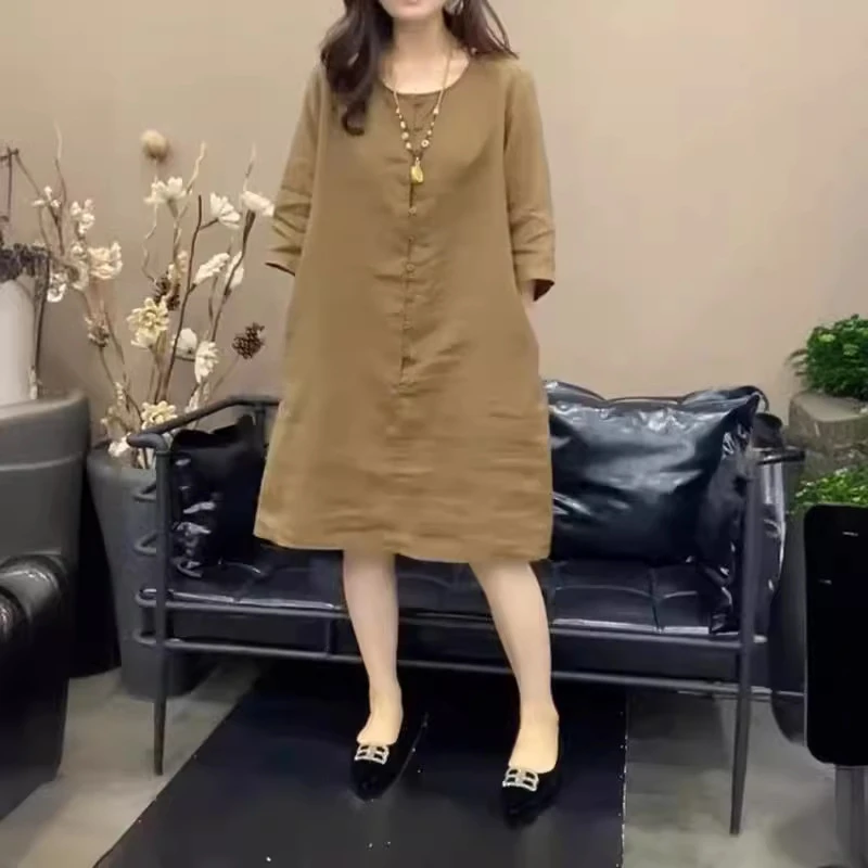 欧洲站2024夏季新款慵懒风宽松显瘦圆领连衣裙女洋气休闲纯色中裙