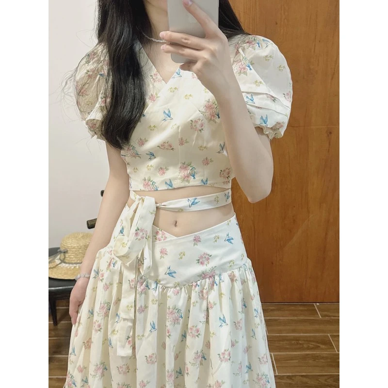 法式碎花小清新miu系套装女高级感泡泡袖绑带上衣高腰半身长裙子