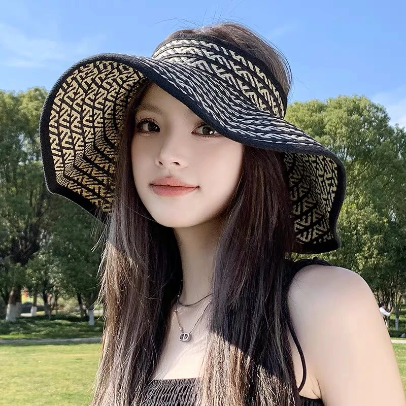 大帽檐草编空顶帽女夏季出游海边遮阳凉帽可折叠大头围防晒太阳帽