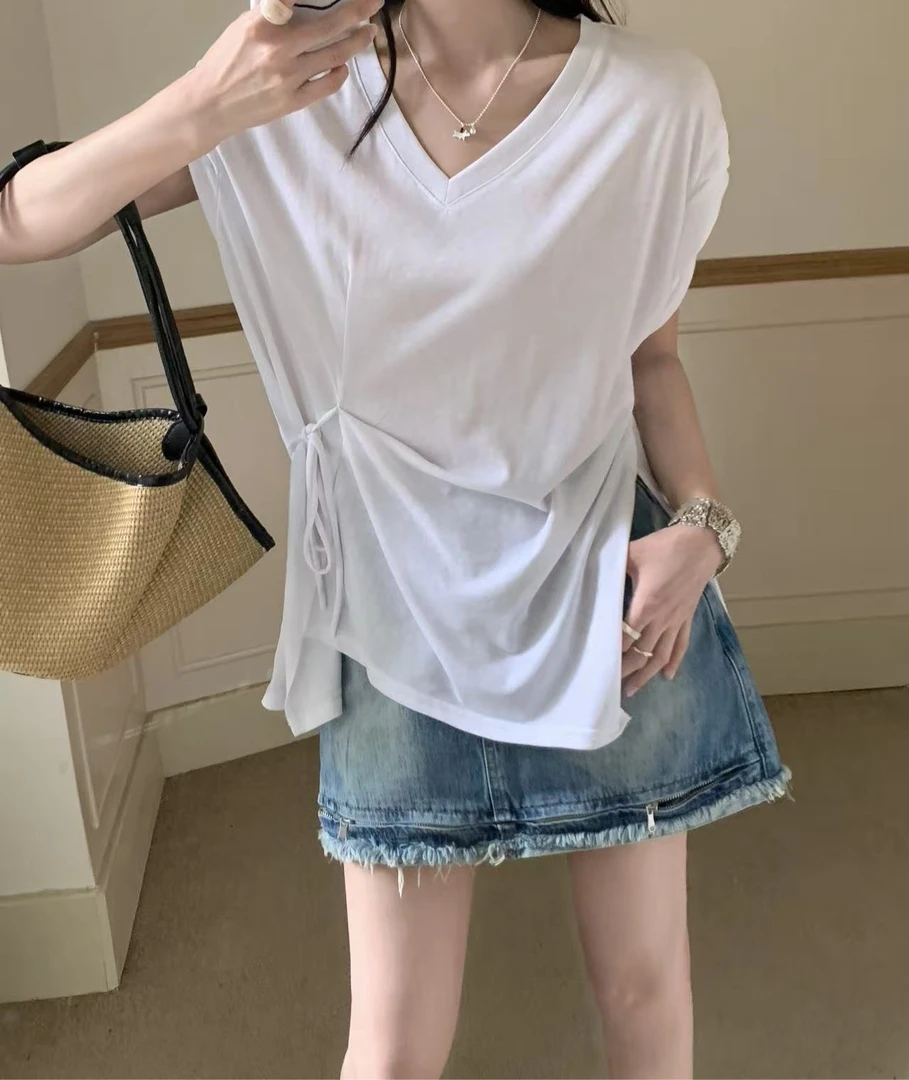 Manmi  设计款侧边开衩莱赛尔小飞袖上衣  3907（C3）