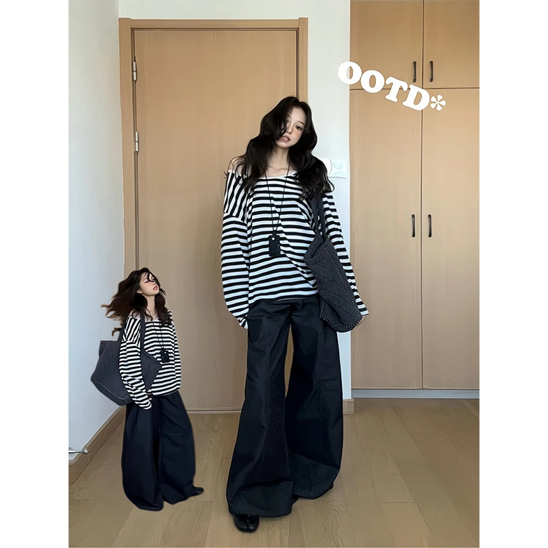 2025新款女士早秋季慵懒风休闲宽松百搭长袖条纹上衣高腰阔腿裤