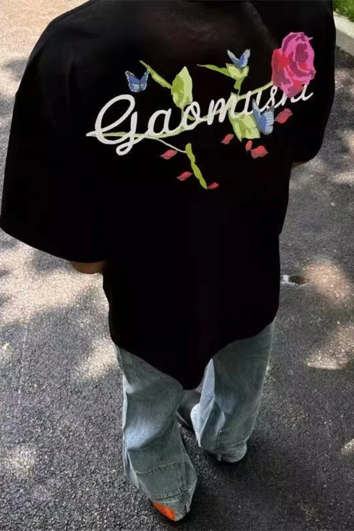 260g美式【重磅100%纯棉】个性字母玫瑰花短袖t恤男女夏季美式高级