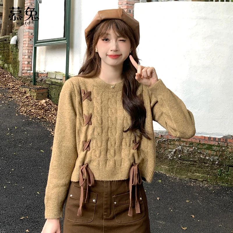 慕兔复古系带灰色长袖针织毛衣女2025新款春季设计感小众宽松上衣