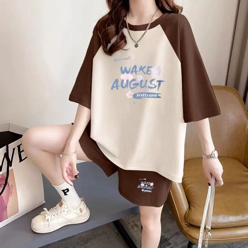 2025夏季新款圆领T恤宽松短裤减龄舒适两件套短袖休闲运动套装女