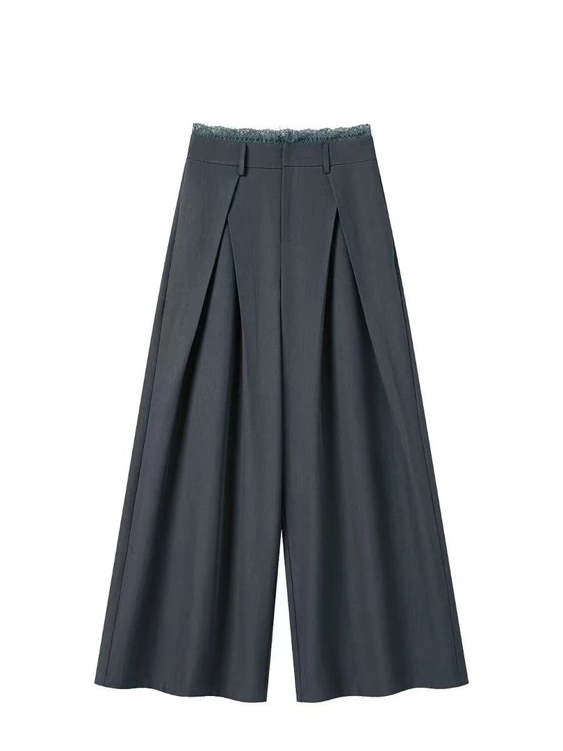 2025秋季新款高级灰蕾丝垂感休闲阔腿直筒裤Q396