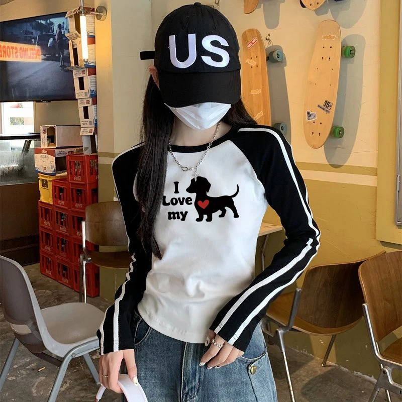 2025新款早秋撞色内搭插肩袖t恤女装修身复古辣妹ins打底长袖上衣