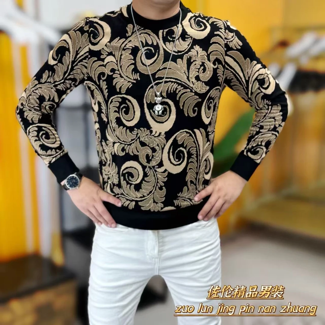 25160秋季新款时尚男士提花修身男士长袖打底衫