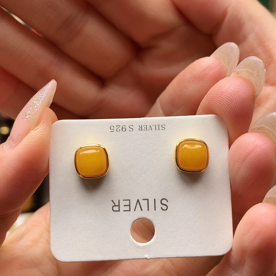 银S925镶嵌蜜蜡耳饰耳钉