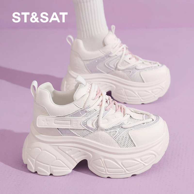 星期六9CM内增高厚底老爹鞋2025春季新款轻弹休闲鞋闪钻运动鞋女