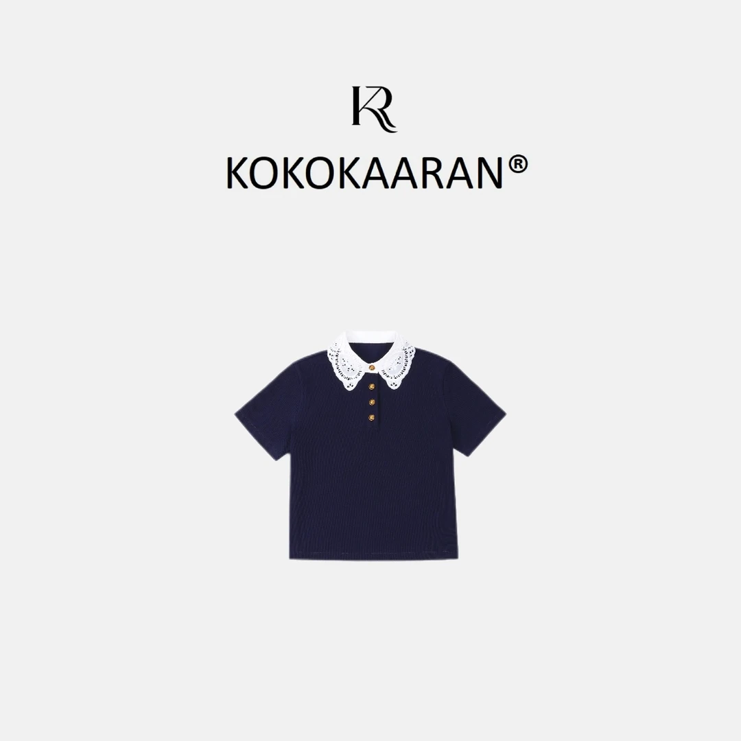 kokokaaran/可可咔伦 2025新款撞色蕾丝花边翻领短袖T恤SH250228