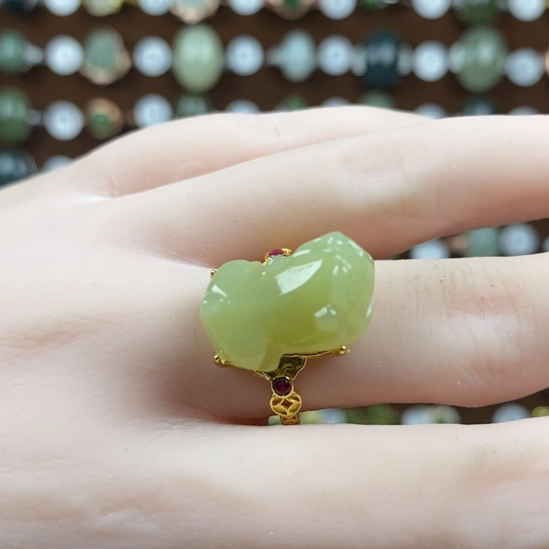 和田玉（黄玉）戒指银S925镀金镶嵌