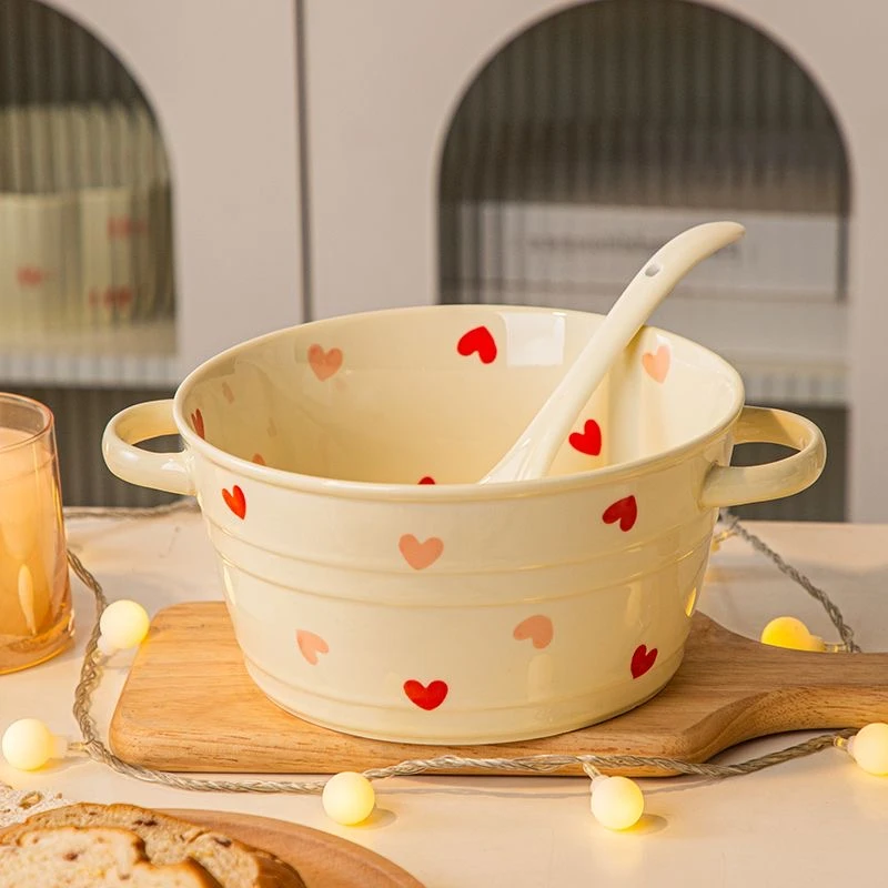 奶油爱心陶瓷双耳汤碗南瓜ins泡面螺蛳粉碗大容量高颜值带勺子