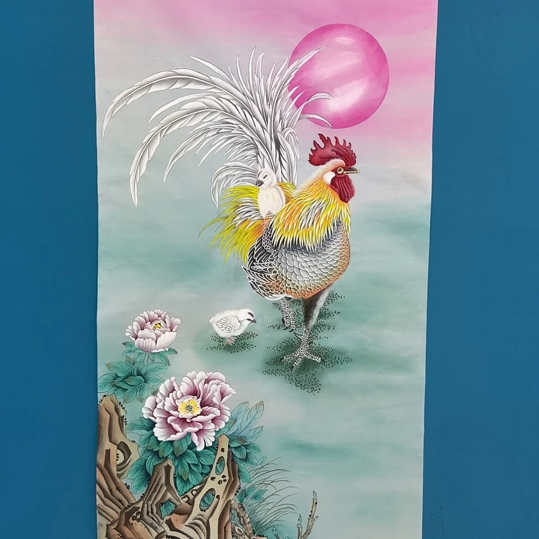 国画精品丝绢工笔金鸡报晓作品