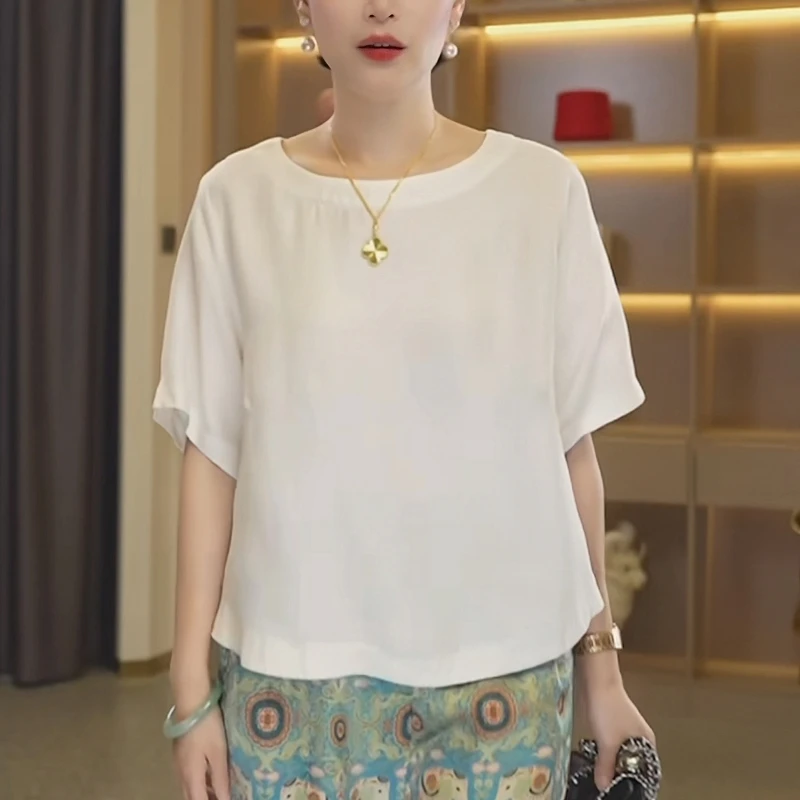 2025夏季新款白色女士短袖T恤时尚减龄宽松遮肉显瘦短款体恤上衣