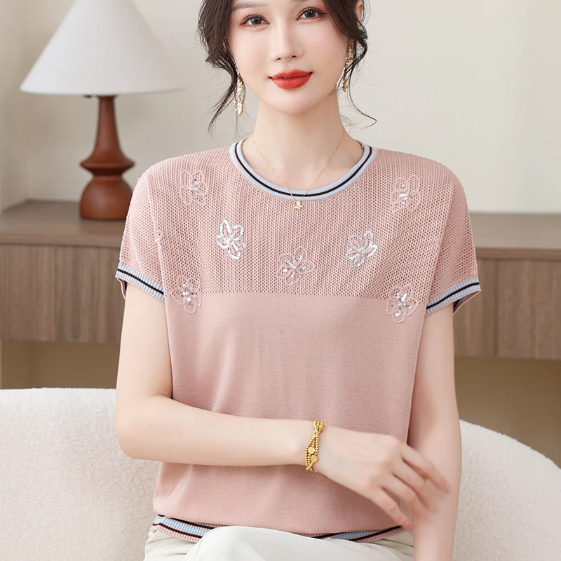 母亲节妈妈夏装新款短袖冰丝T恤时尚中老年夏季宽松针织小衫薄款