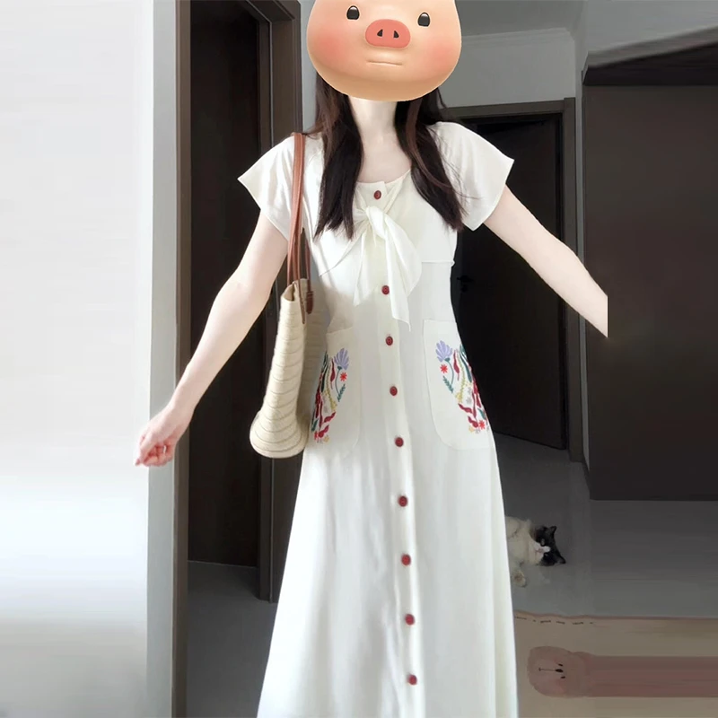【现货+运补】法式气质白色短袖大方得体高级感收腰长裙3086