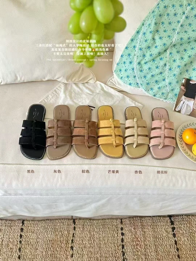 福秒-真皮抽绳式～三杠夹脚平底拖鞋（XZ118-33#）爱唯依