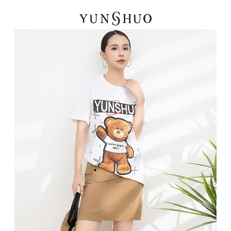 允硕夏季新品女百搭印花小熊气质卡通圆领宽松短袖T恤上衣325218