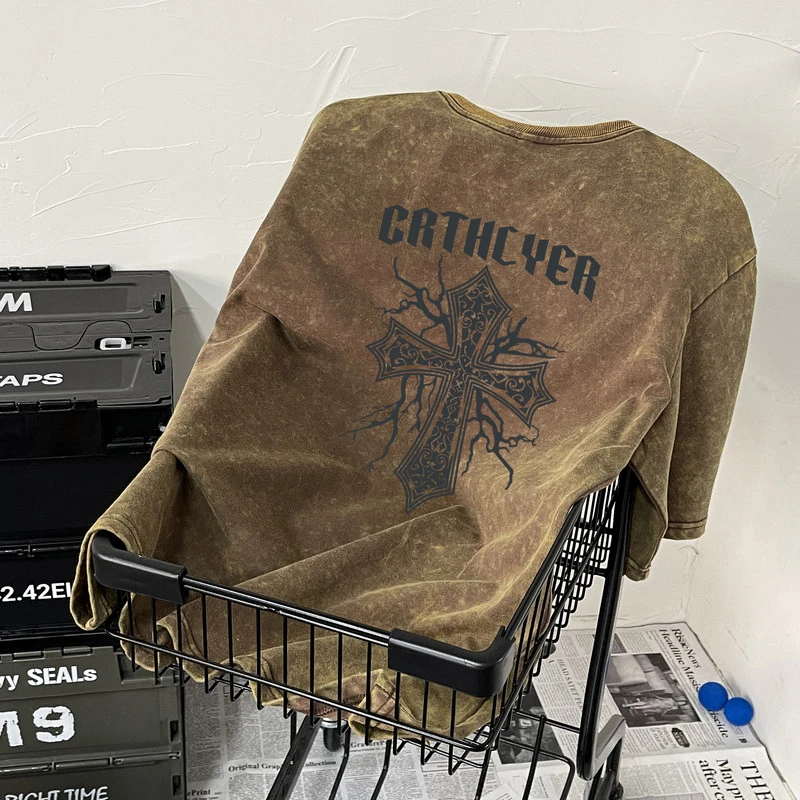 嘻哈摇滚街头男短袖t恤大码落肩重磅水洗做旧十字架印花纯棉宽松