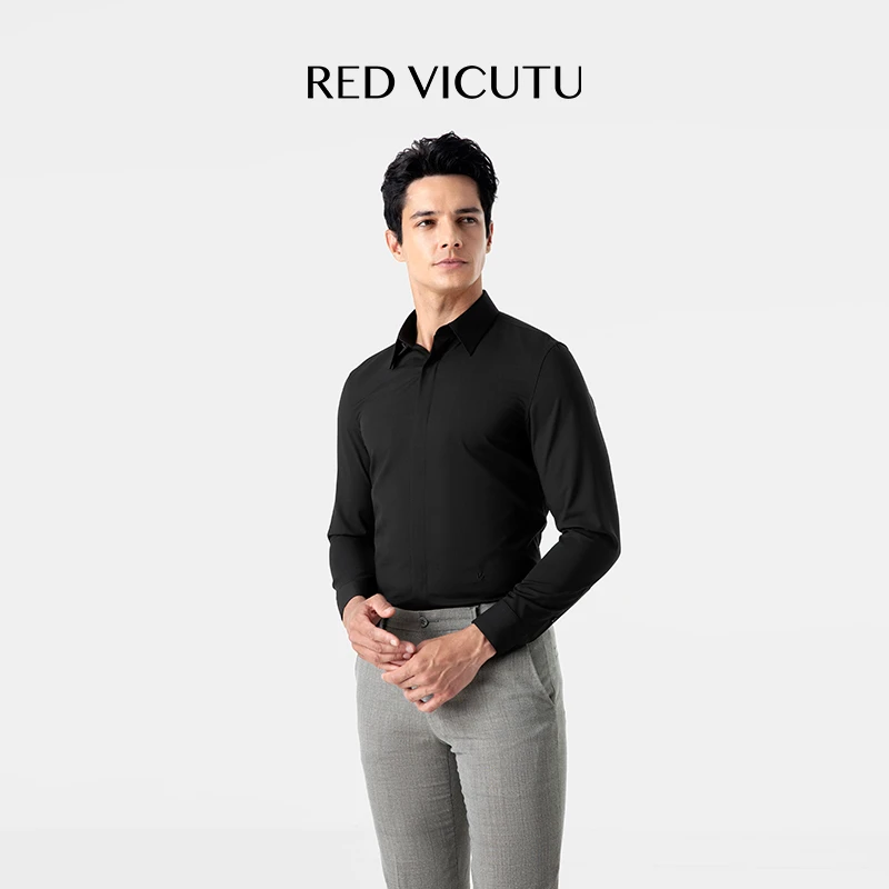 RED VICUTU威可多男士长袖衬衫商务通勤休闲百搭黑色衬衫男子衬衣