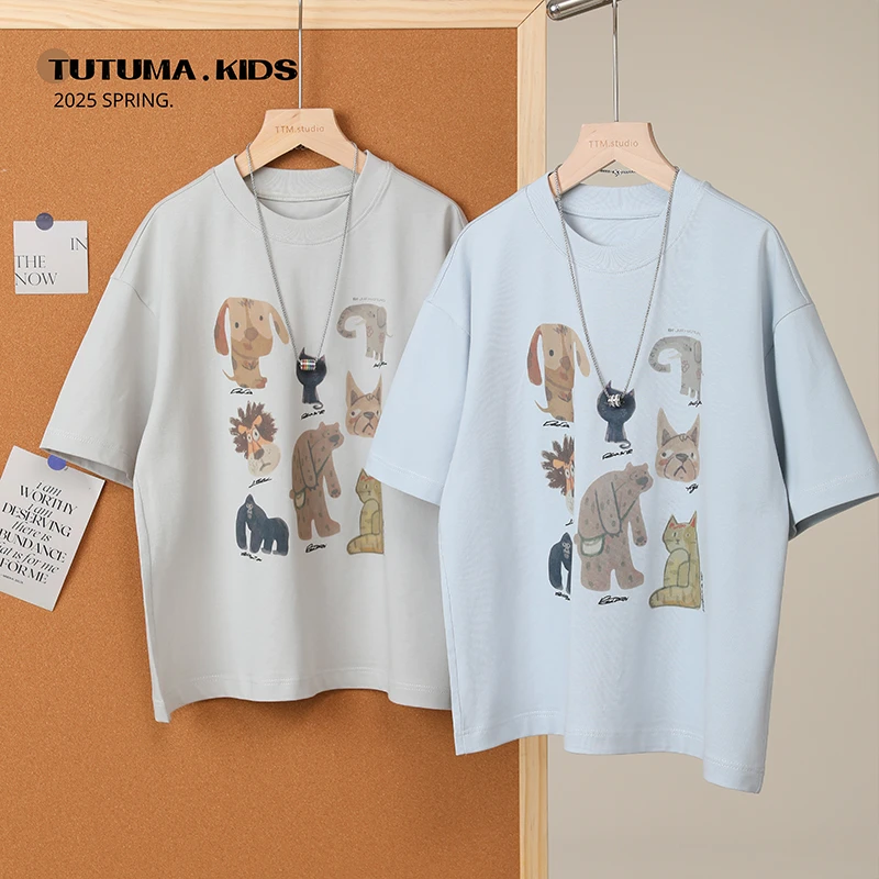 现货图图妈【动物王国 趣味涂鸦】男女童圆领卡通休闲短袖中大童潮