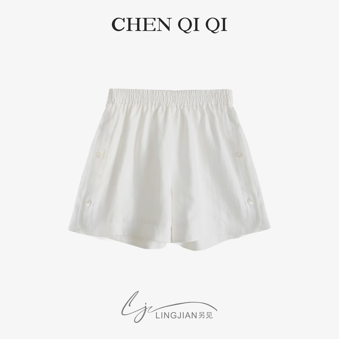 【白窑】亚麻短裤外穿显瘦宽松高腰松紧腰纯色Y80-23CG0360