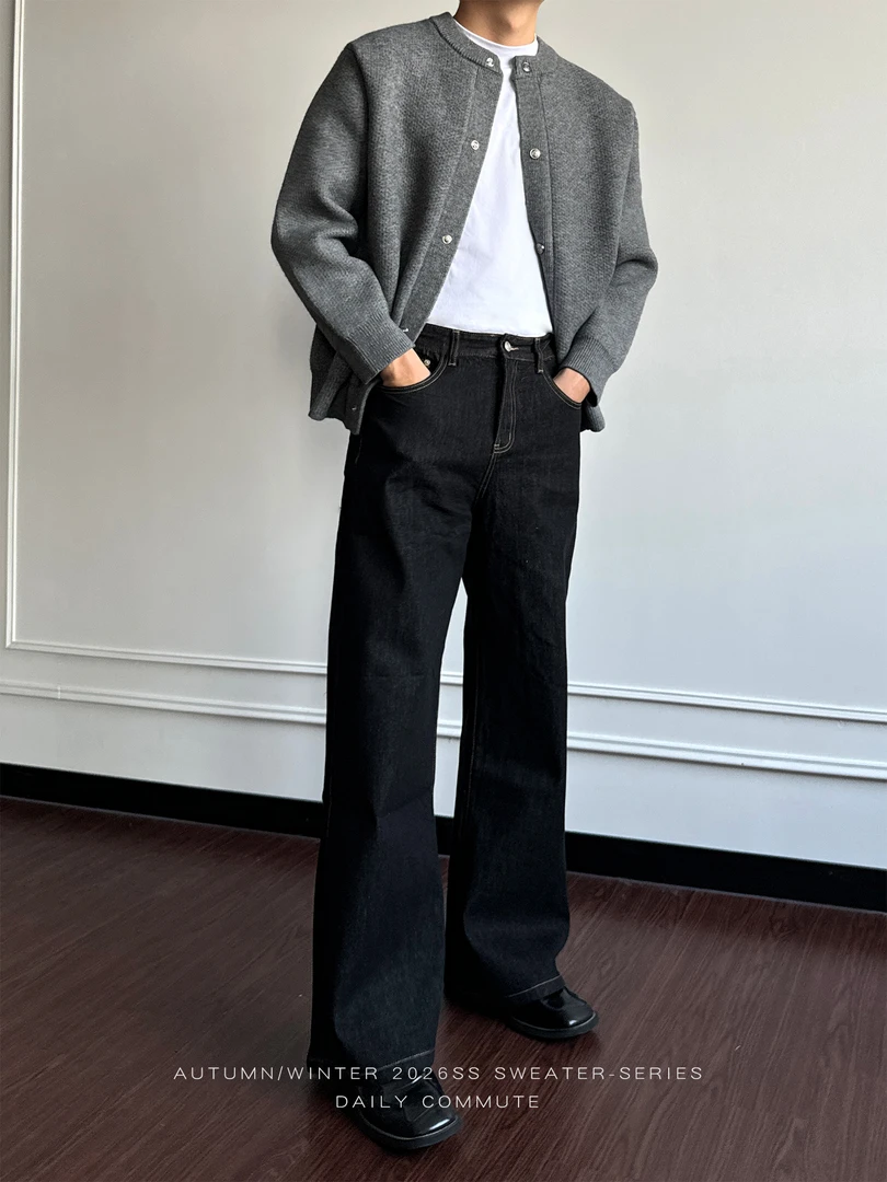 〔TBKL〕美式复古原色丹宁黑色直筒牛仔裤男士宽松通勤水洗长裤子