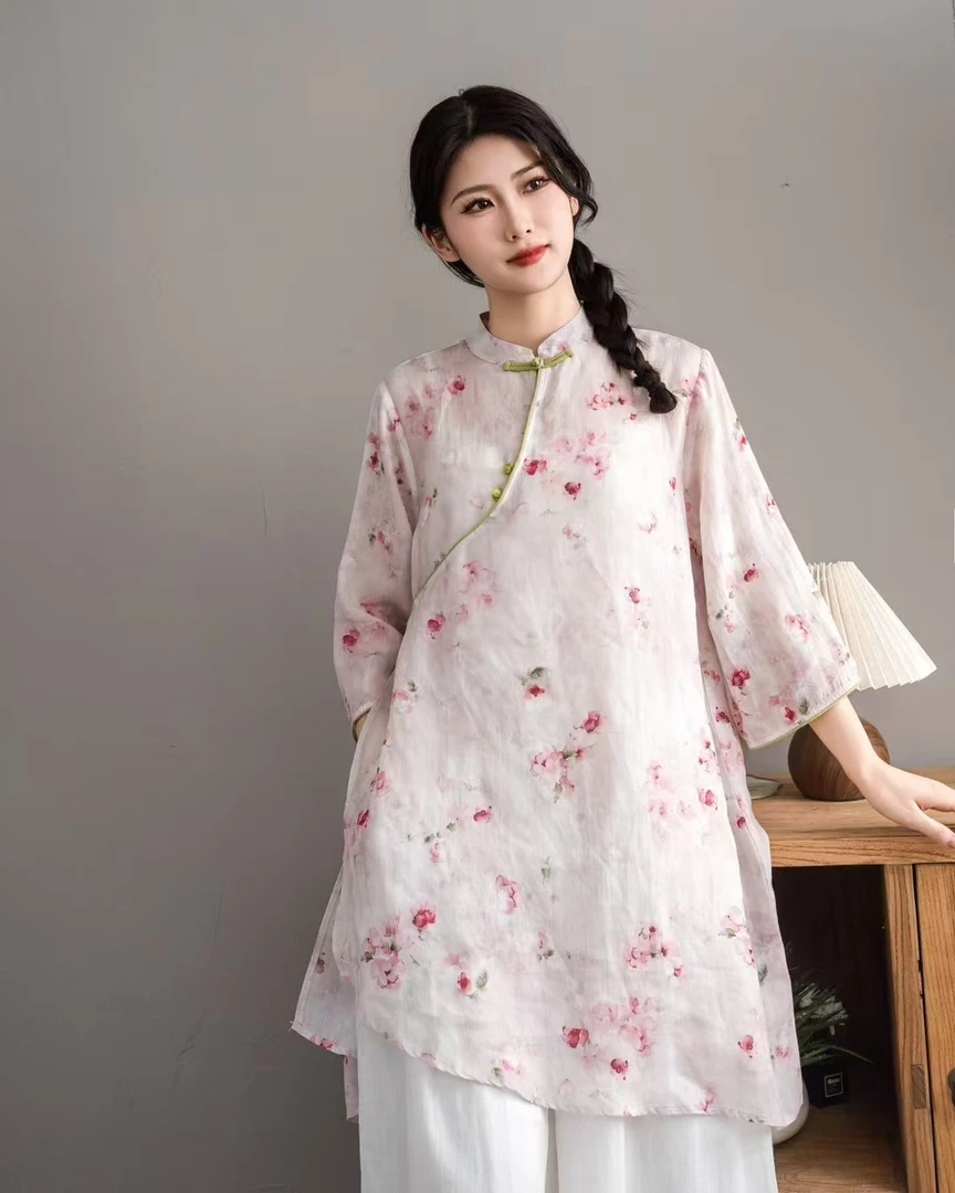 2025新款国风古韵刺绣苎麻中长款宽松显瘦吸汗透气连衣裙七分袖