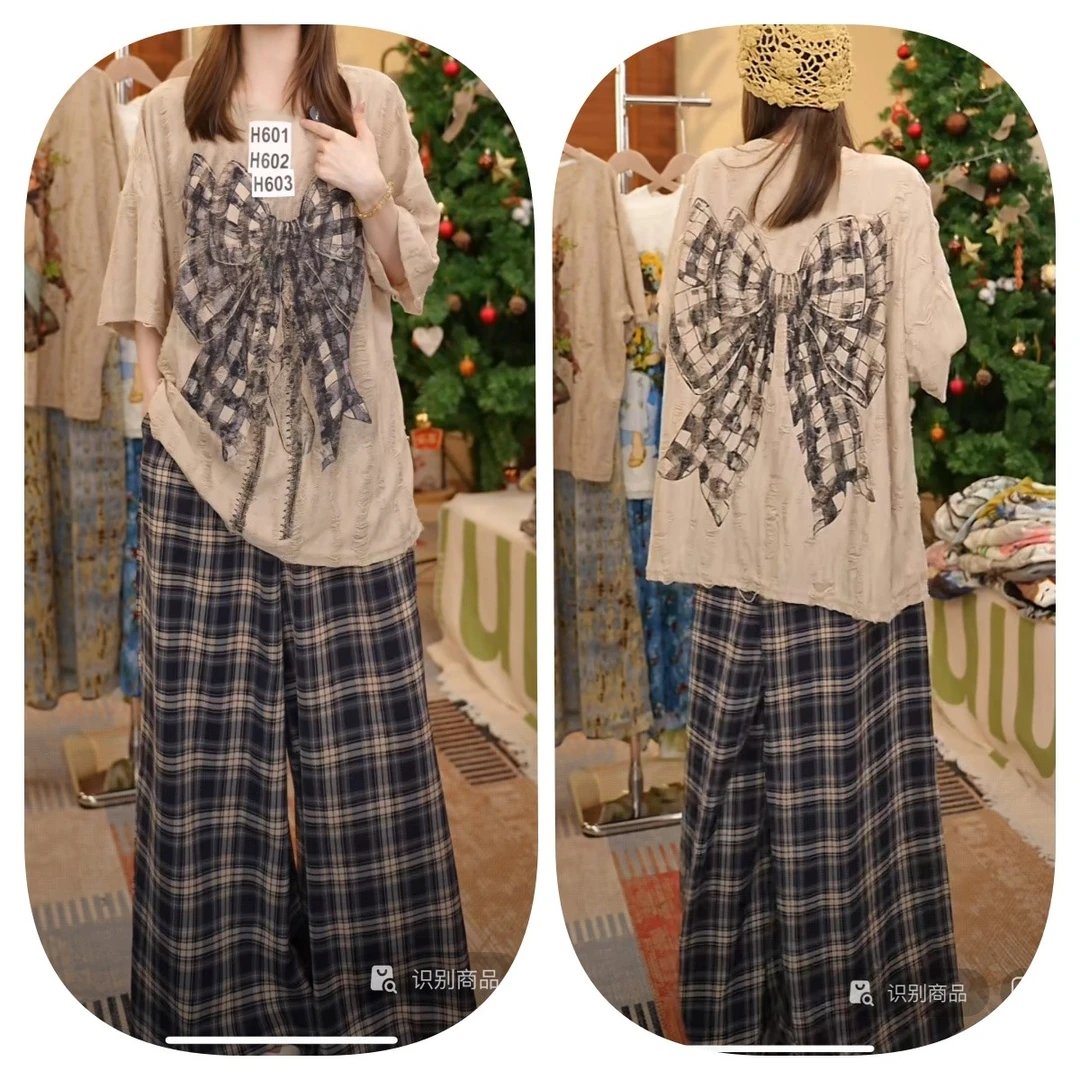薄款夏季大码格子裤套装休闲简约宽松显瘦蝴蝶结短袖阔腿套装