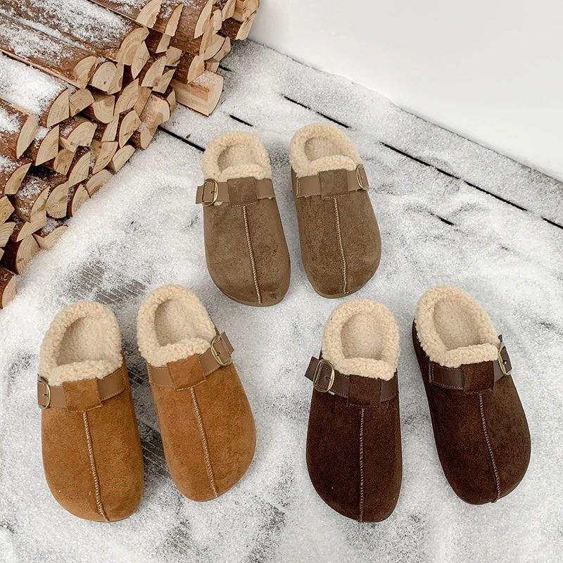 韩版厚底增高勃肯鞋女2025新款冬季磨砂面加绒保暖雪地包头棉拖鞋