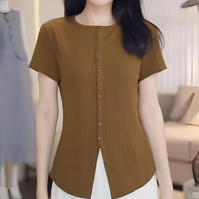 【商场同款】2025新款简约修身百搭前中小开叉设计套头纯色短袖T恤