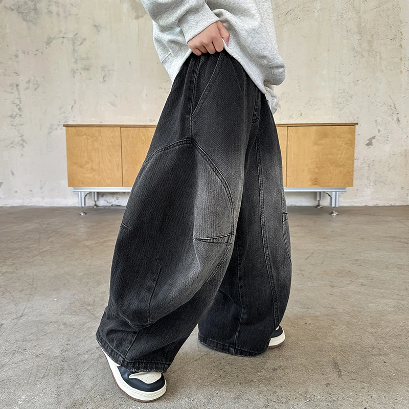 Yonsea云稚秋新款童裤男童美式复古阔腿裤牛仔长裤中童阔腿潮宽松