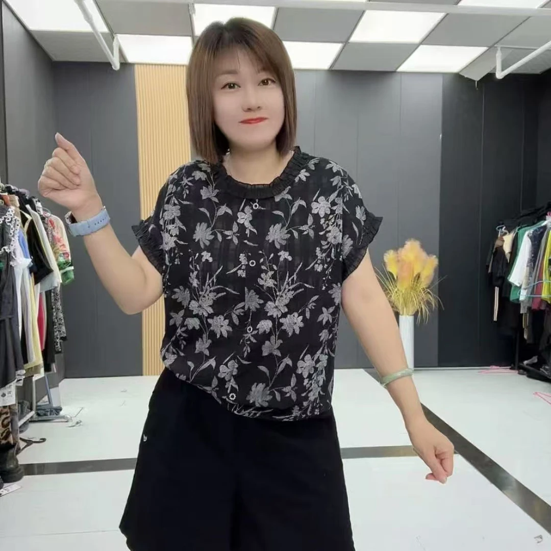 影8092时尚洋气透气圆领花边气质显瘦半袖衫