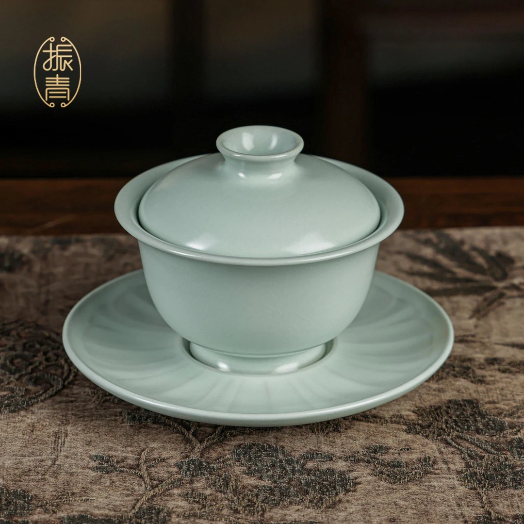 汝窑三才盖碗茶杯单个小号景德镇莲瓣泡茶碗青瓷手工开片茶具高档