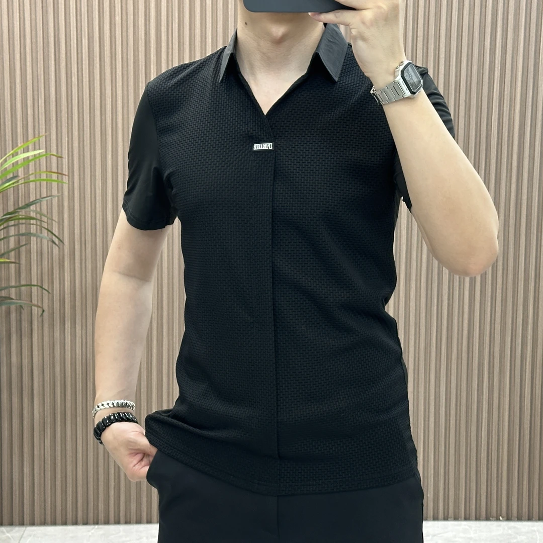 夏季新款男士轻奢短袖衬衫时尚商务休闲百搭修身翻领短袖男t恤潮