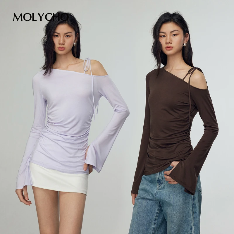 MOLYCHO薄款微透露肩长袖T恤女夏季内搭打底衫设计感修身斜肩上衣
