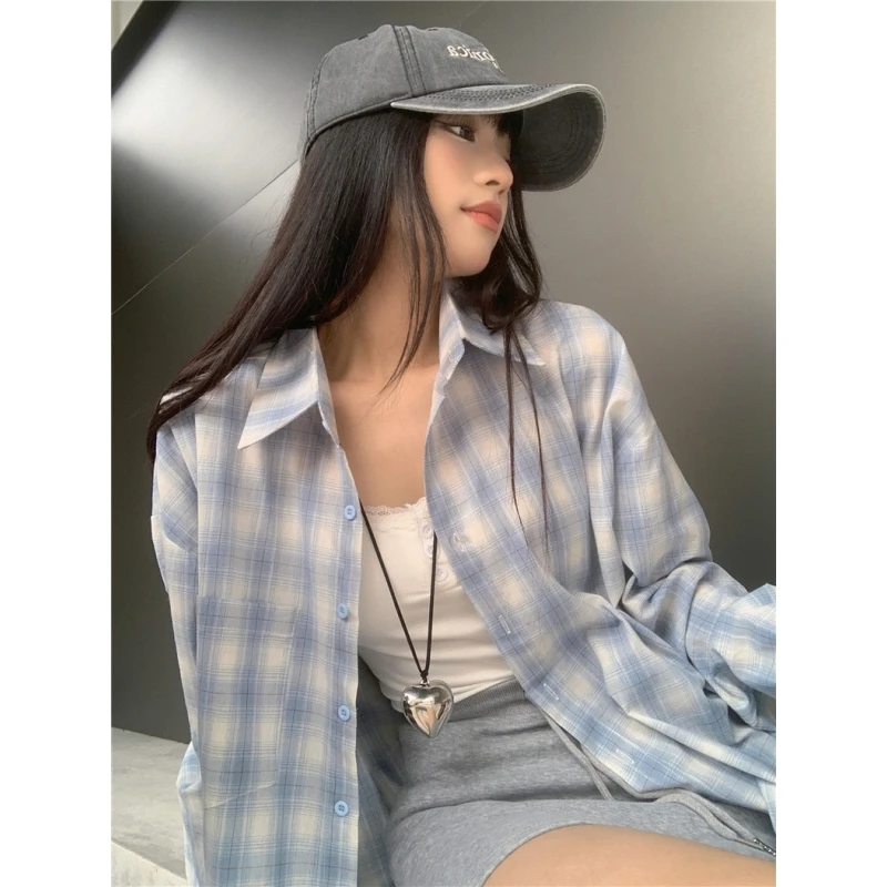 D-1373韩国东大门订单 显白海盐格子设计感长袖衬衫女2153