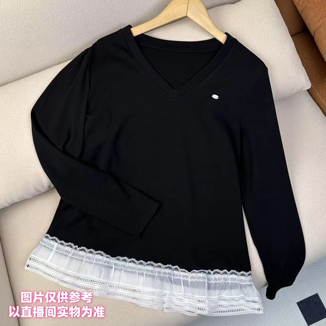 胖汐*V领小标拼色衣摆长袖上衣设计感显瘦长袖百搭时尚不规则