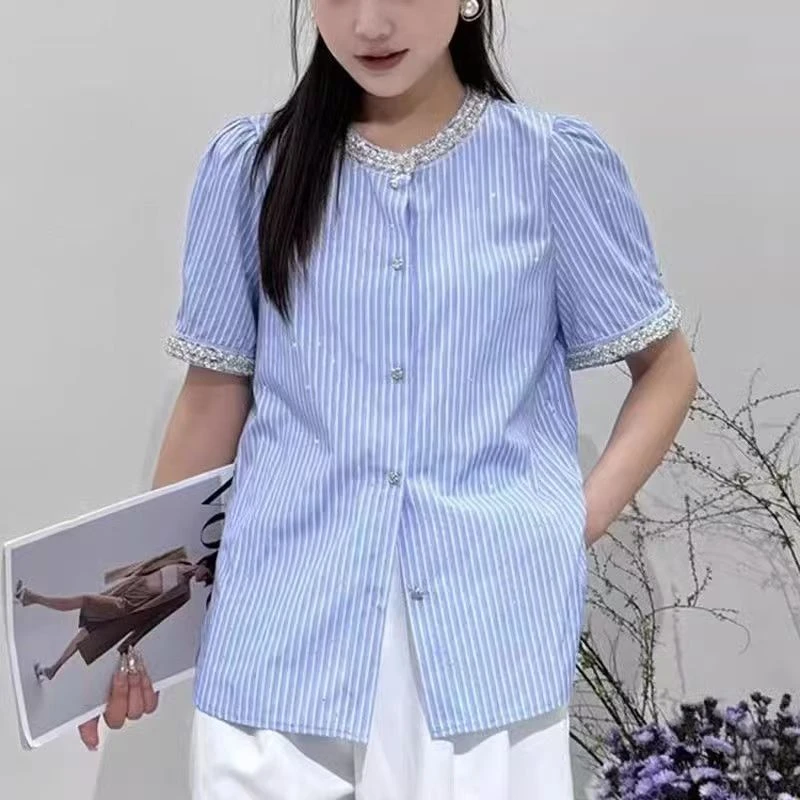 衬衫气质上衣韩版衬衣蓝色时尚条纹小众短袖法式宽松坚条纹小个子