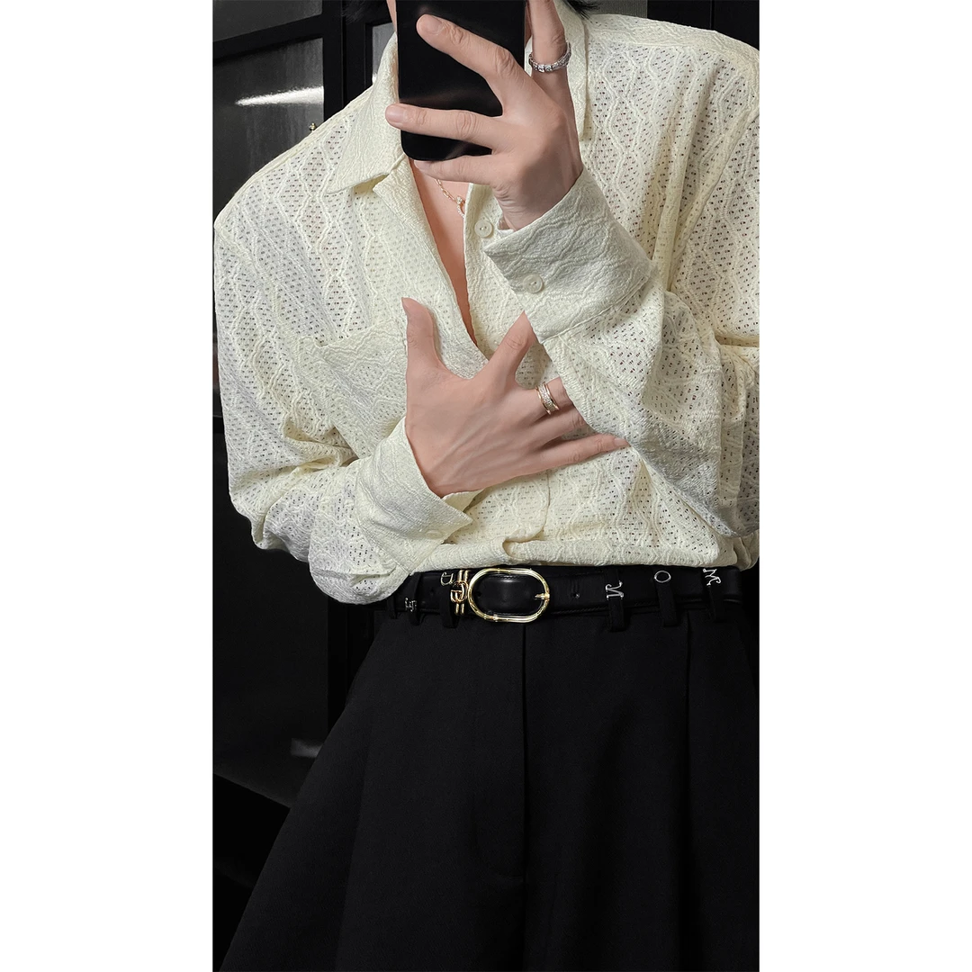 龙叨叨新品复古镂空设计感长袖衬衫男气质简约高级感宽松休闲衬衣