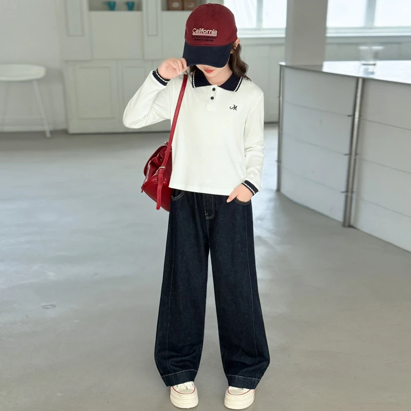 女童秋装套装2025新款洋气时髦中大童Polo衫儿童休闲牛仔裤两件套
