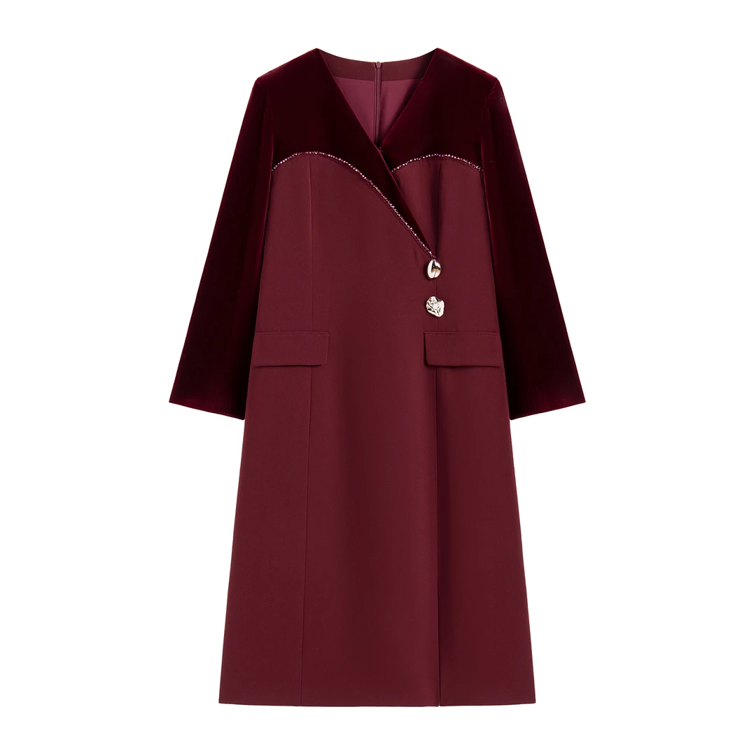 【南油虹姐】V领高腰显瘦连衣裙秋冬女士时尚红色礼服毛呢商务