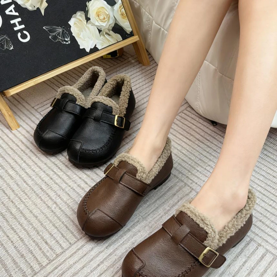 2025秋冬加厚棉鞋豆豆鞋妈妈鞋羊羔毛加绒百搭软底防滑保暖复古