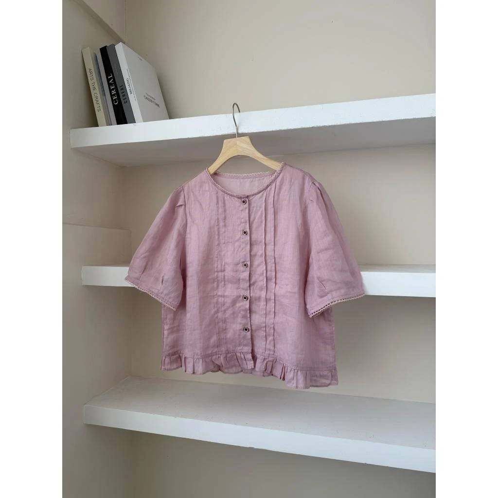 P0382-“苎麻系列”苎麻木耳边圆领短袖衬衫女夏季款法式巨好看小衫