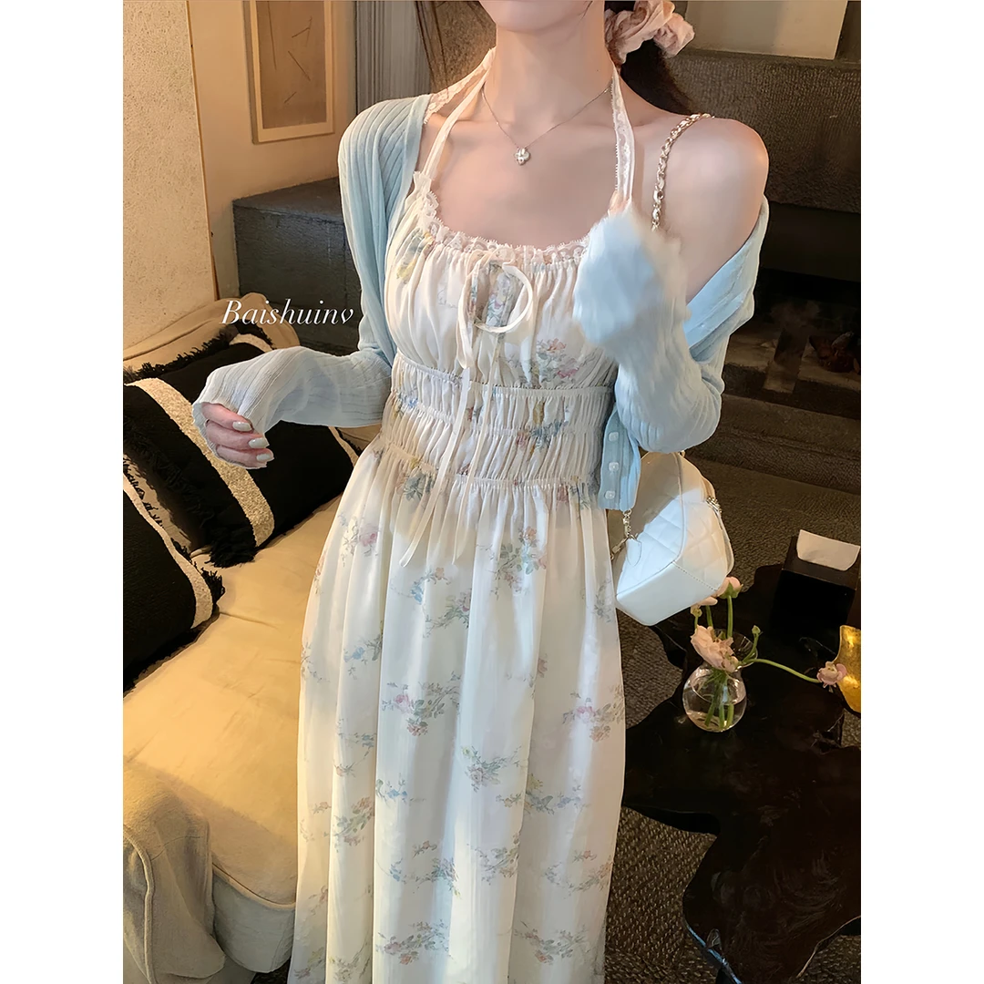 白水女 黛西花园 碎花挂脖吊带连衣裙海边度假风茶歇B50449589