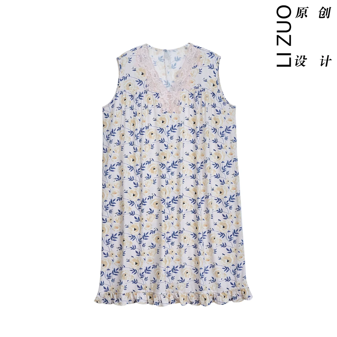 大码胖mm时尚舒适莫代尔拼蕾丝花边V领无袖家居服连衣裙9530