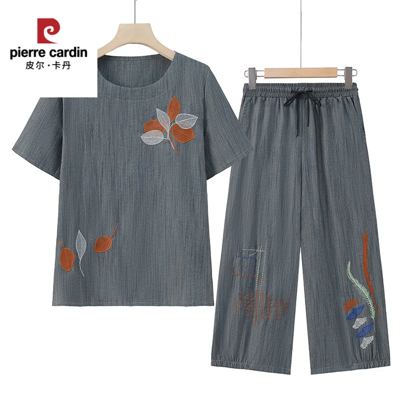 皮尔卡丹夏季短袖恤套装女中老年婆婆七分裤套装刺绣上衣棉麻奶奶