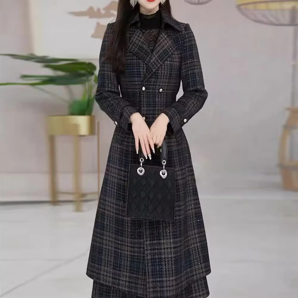 两件套秋季轻奢贵夫人气质时 尚大气休闲显瘦藏蓝格纹套裙