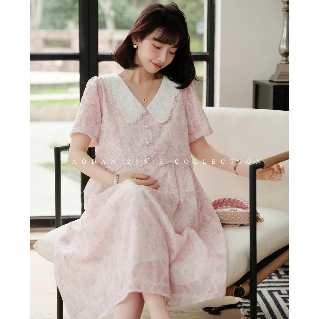 maodan/猫单【茉莉风铃】孕妇装可哺乳绣花翻领连衣裙夏季中国风.